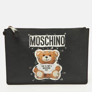Moschino Black Teddy Bear Print Coated Canvas Medium Clutch 225-051225